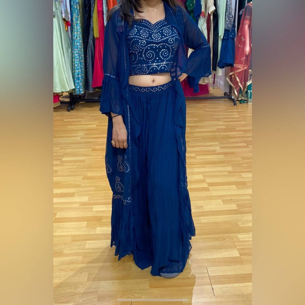 Elegant Navy Blue Crop Top Palazzo With Shrug